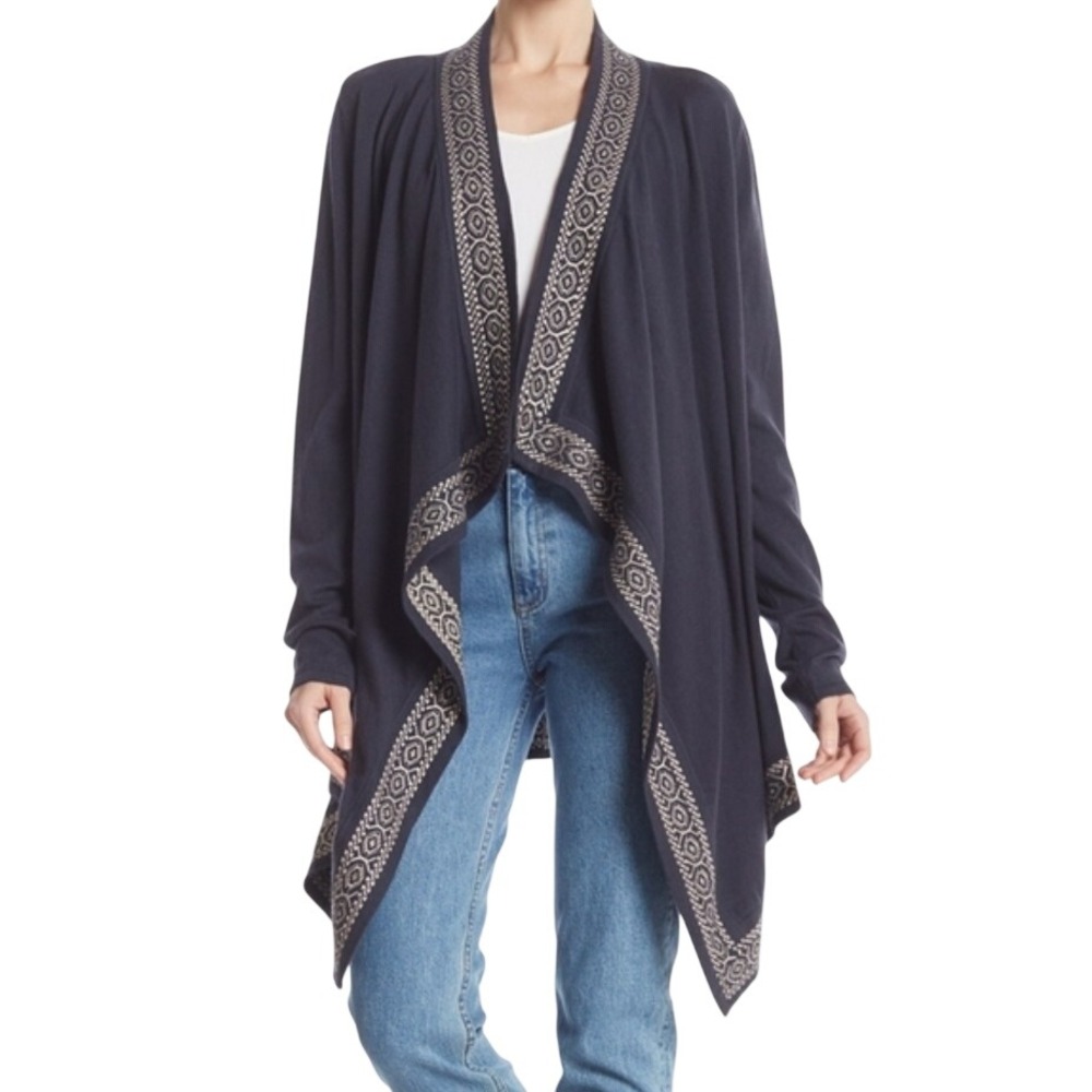 Johnny Was Navy Blue Cotton Cashmere Geometric Border Open Front Cardigan XS